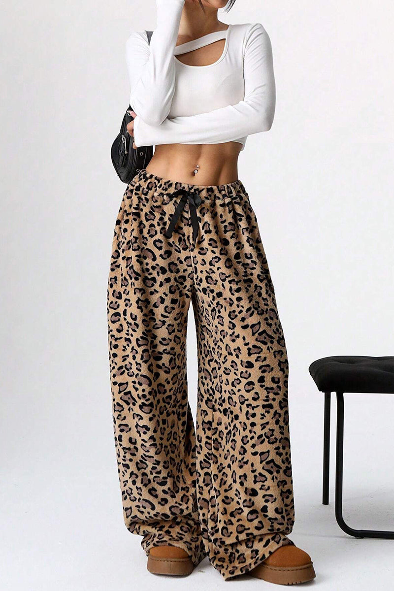Leopard Print Drawstring Casual Pants