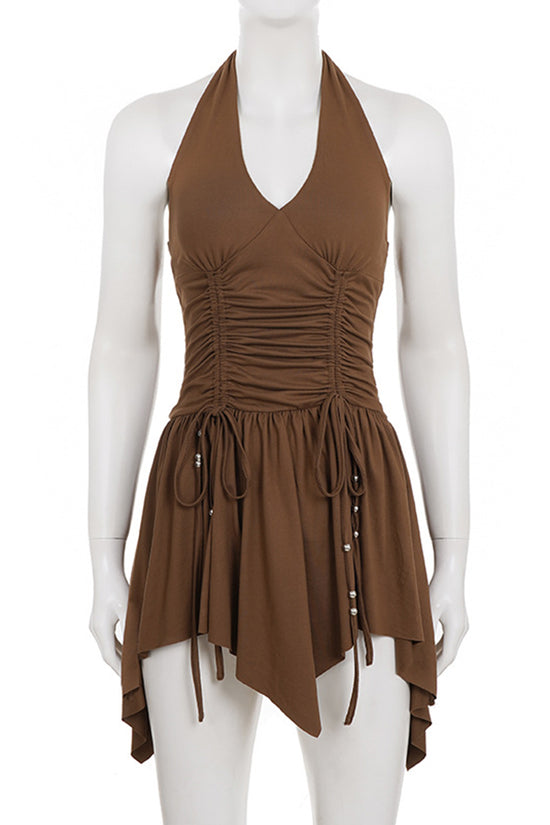 Ruched Halter Handkerchief Hem Dress