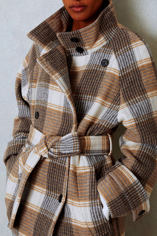 Plaid Belted Double-Breasted Coat