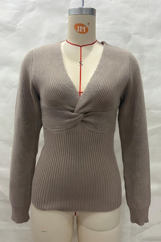 Knotted V-Neck Ribbed Sweater