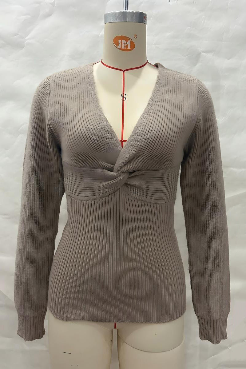 Knotted V-Neck Ribbed Sweater