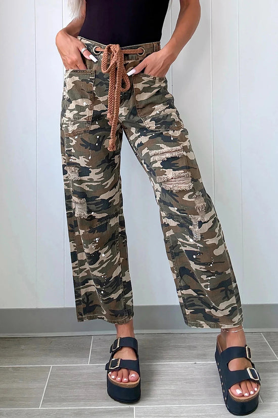 Camouflage Print Distressed Denim Pants