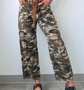 Camouflage Print Distressed Denim Pants