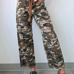 Camouflage Print Distressed Denim Pants