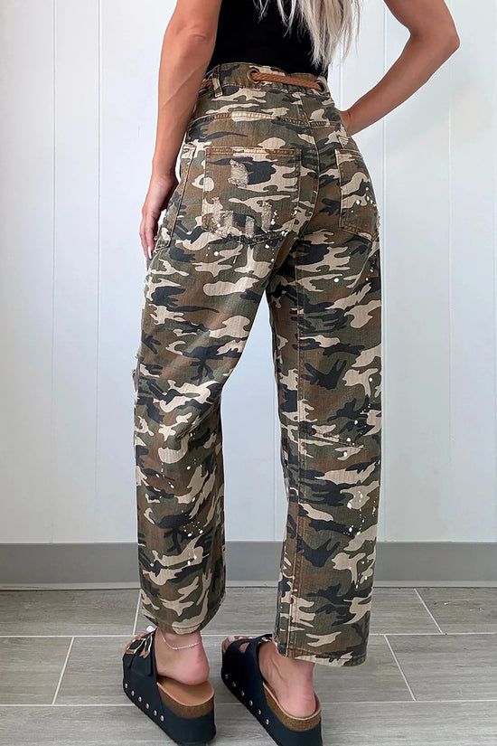 Camouflage Print Distressed Denim Pants