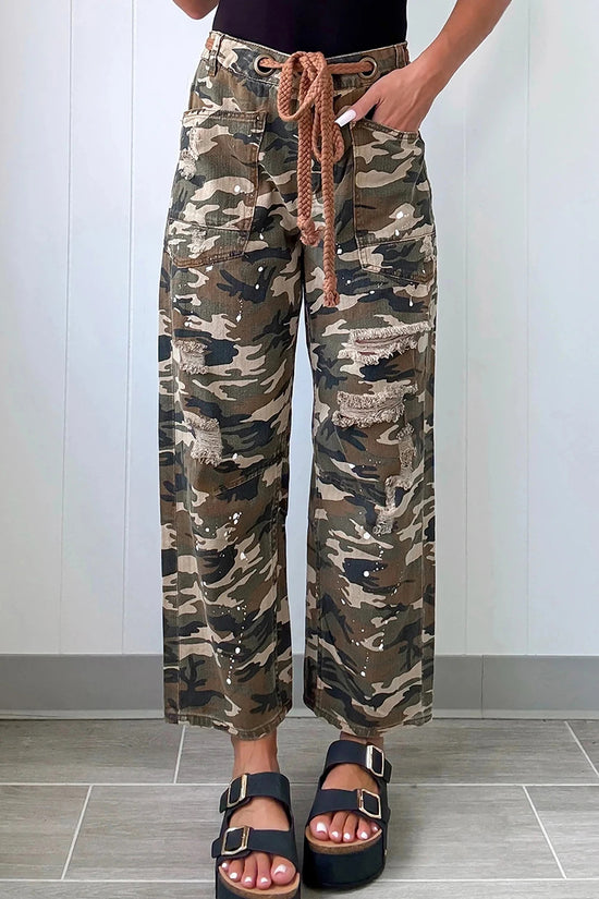 Camouflage Print Distressed Denim Pants
