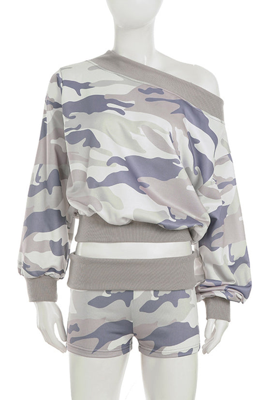 Off-Shoulder Camouflage Shorts Set