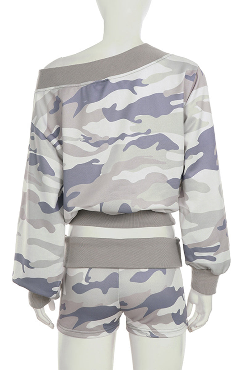 Off-Shoulder Camouflage Shorts Set
