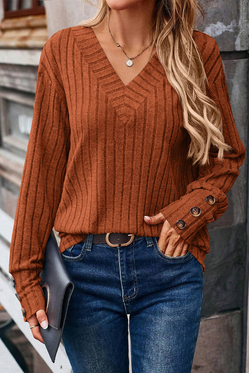 V-Neck Button Sleeve Ribbed Knit Top