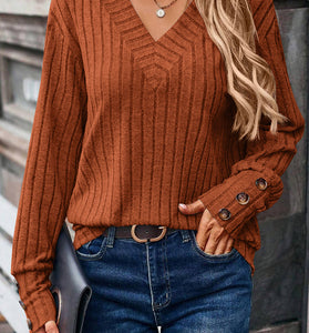 V-Neck Button Sleeve Ribbed Knit Top
