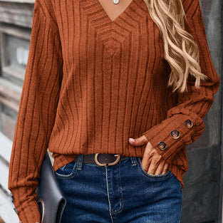 V-Neck Button Sleeve Ribbed Knit Top
