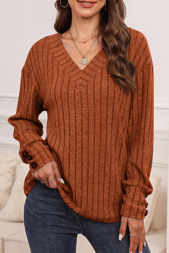 V-Neck Button Sleeve Ribbed Knit Top