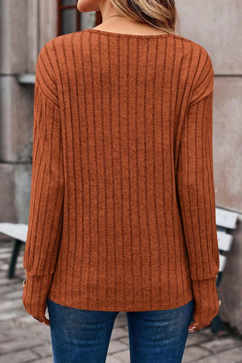 V-Neck Button Sleeve Ribbed Knit Top