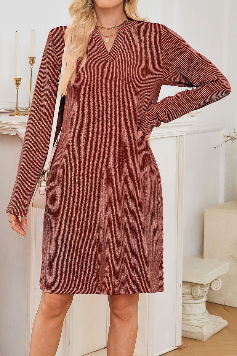 Striped V-Neck Long Sleeve Casual Dress