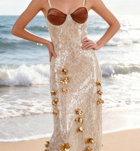 Floral Embellished Sequin Evening Gown