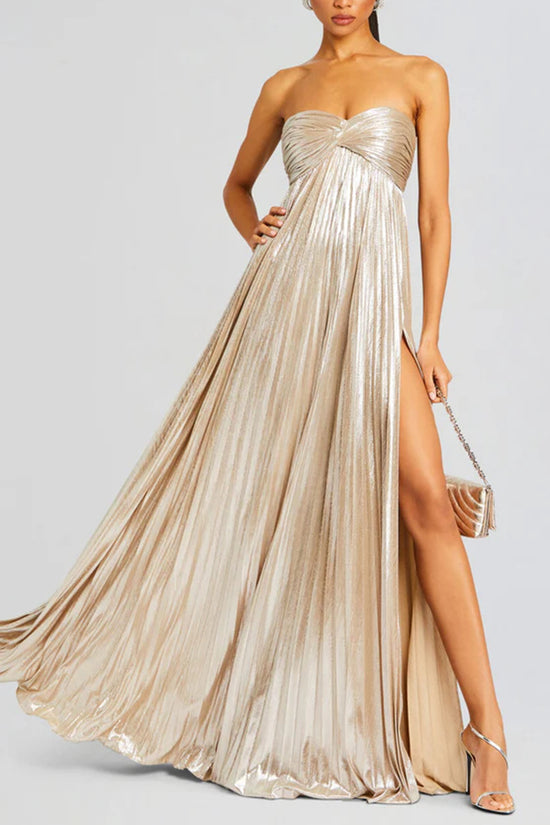 Strapless Metallic Slit Dress