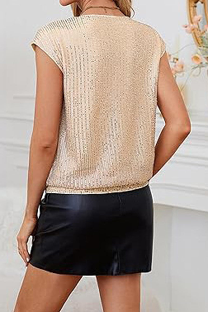 Sequin V-Neck Short Sleeve Top