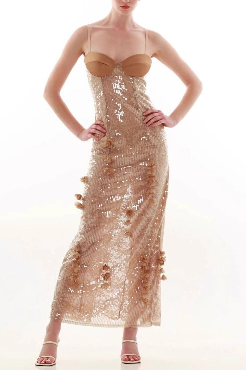Floral Embellished Sequin Evening Gown