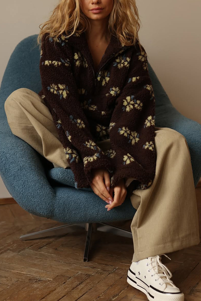 Floral Pattern Half-Zip Fleece Hoodie