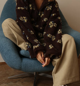 Floral Pattern Half-Zip Fleece Hoodie