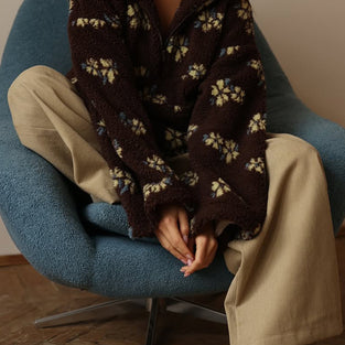 Floral Pattern Half-Zip Fleece Hoodie