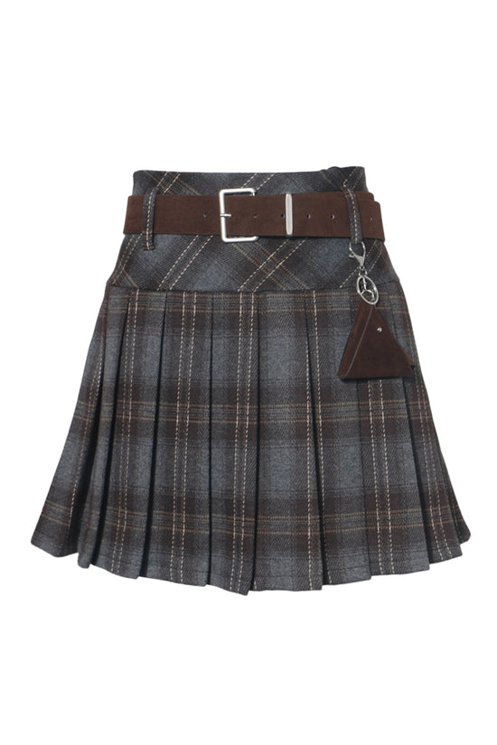 Plaid Pleated Mini Skirt with Belt