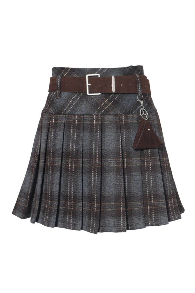 Plaid Pleated Mini Skirt with Belt
