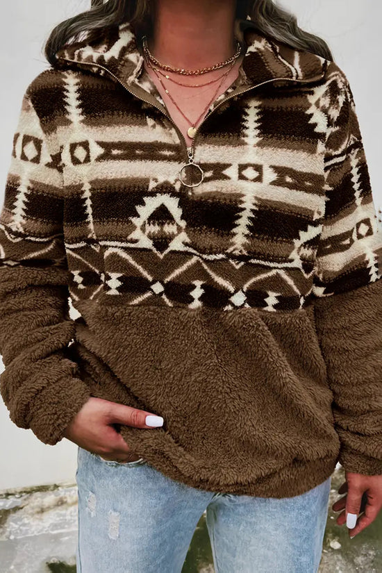 Patterned Half-Zip Casual Sweatshirt