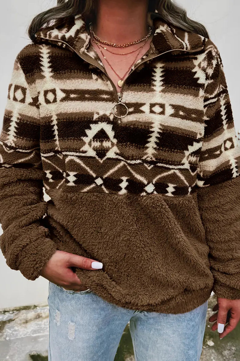 Patterned Half-Zip Casual Sweatshirt