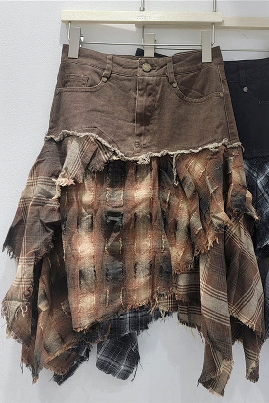 Distressed Plaid Layered Midi Skirt