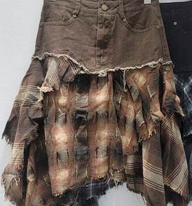 Distressed Plaid Layered Midi Skirt