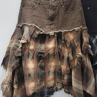 Distressed Plaid Layered Midi Skirt
