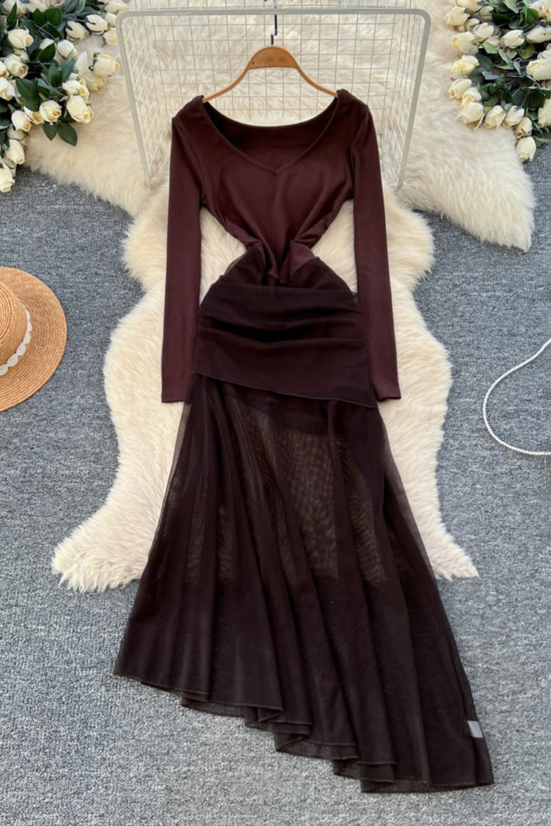 Elegant Long Sleeve Asymmetric Casual Dress