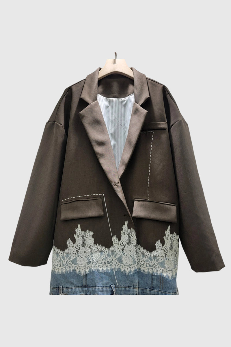 Lace Hem Denim Blazer Jacket