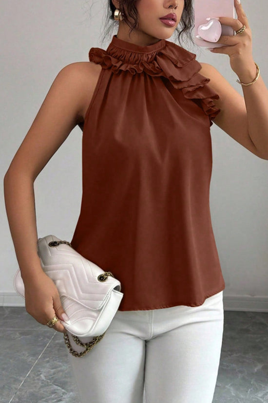 Ruffled High Neck Sleeveless Blouse