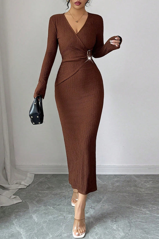 Buckle Waist Textured Long Sleeve Dress