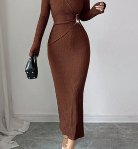 Buckle Waist Textured Long Sleeve Dress