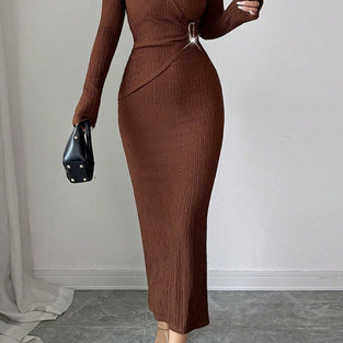 Buckle Waist Textured Long Sleeve Dress