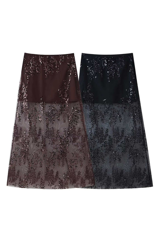 Sequined Mesh Midi Skirt