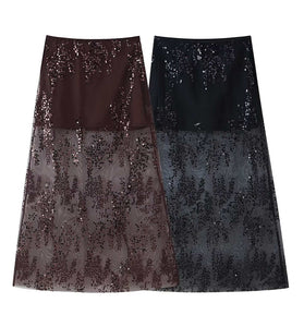 Sequined Mesh Midi Skirt