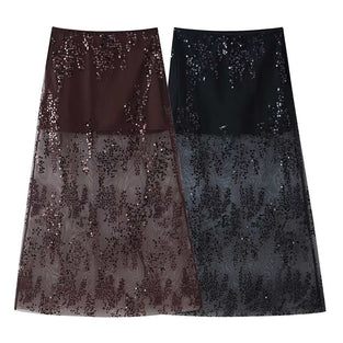 Sequined Mesh Midi Skirt