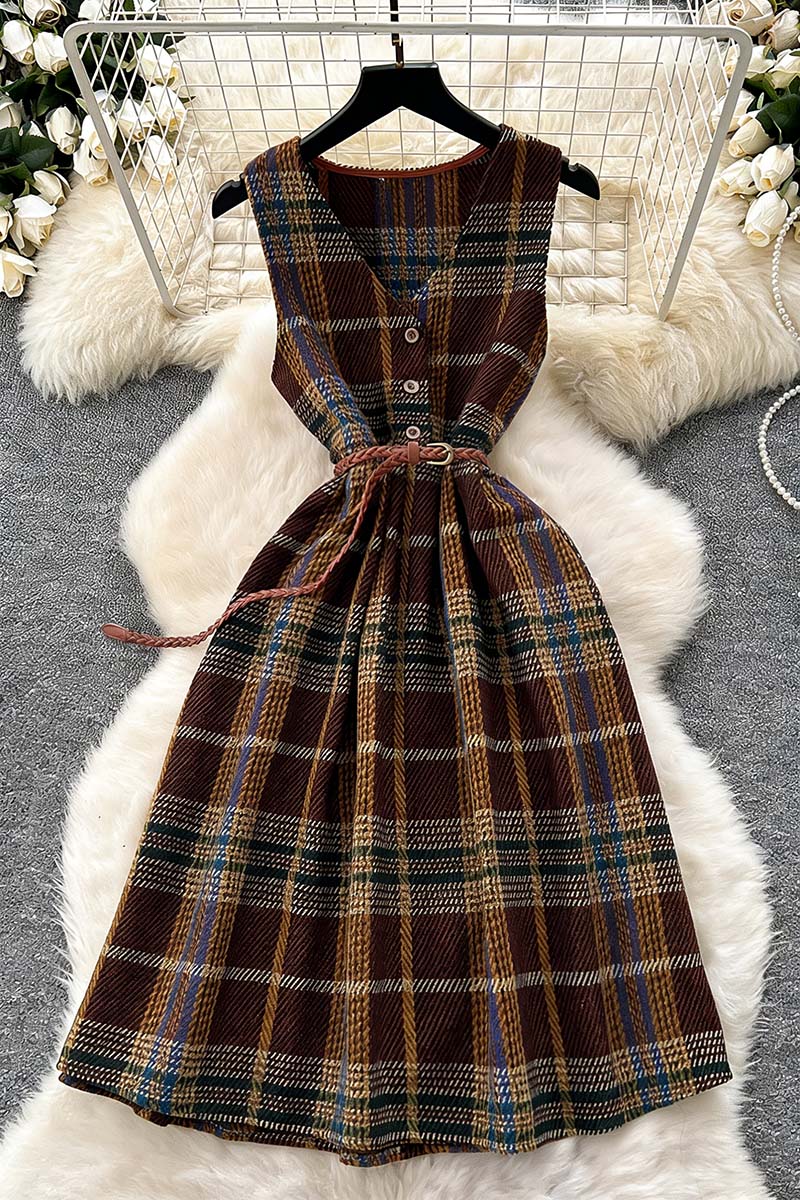 Buttoned Plaid Sleeveless Dress