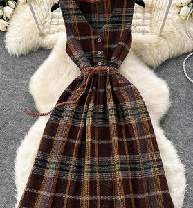 Buttoned Plaid Sleeveless Dress