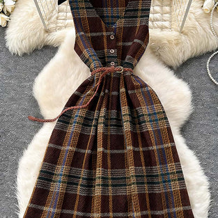 Buttoned Plaid Sleeveless Dress