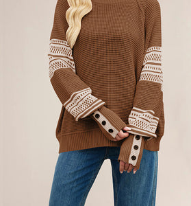 Button Sleeve Patterned Knit Sweater