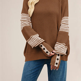 Button Sleeve Patterned Knit Sweater