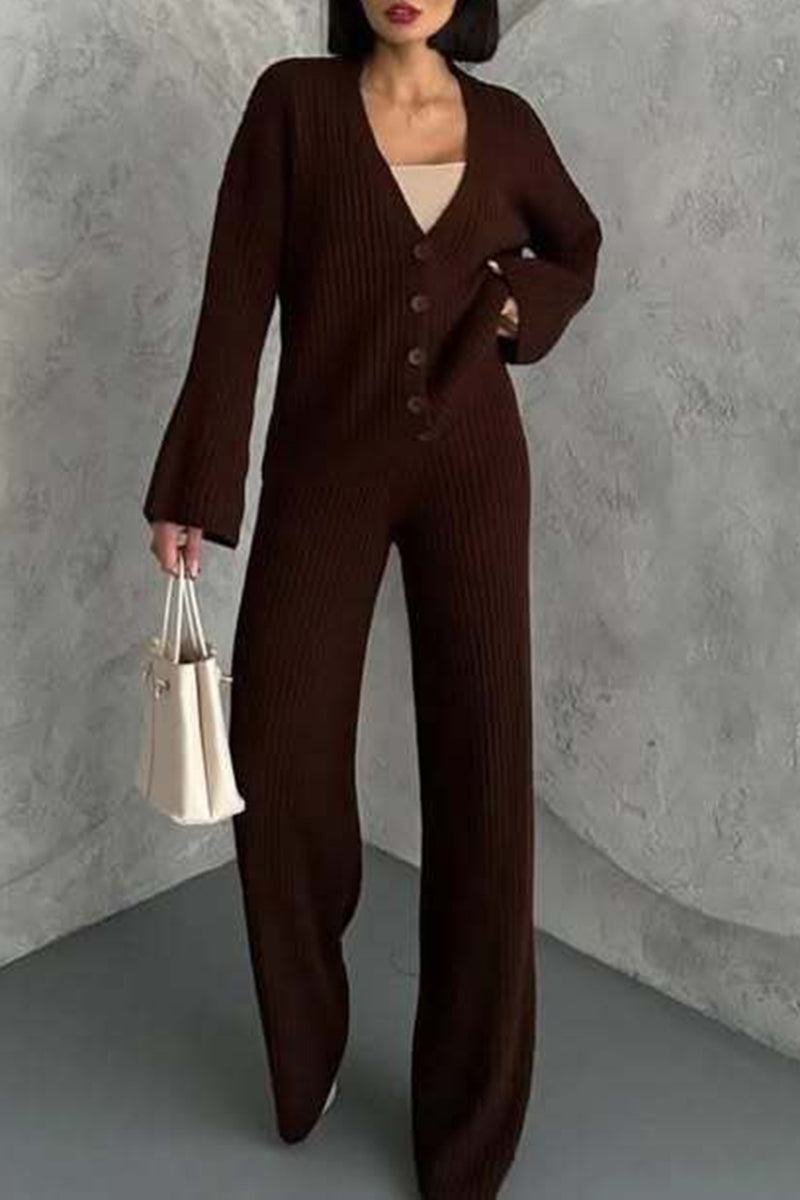 Ribbed Button-Up Pants Set