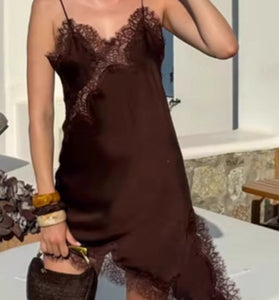 Asymmetrical Hem Lace Trim Slip Dress