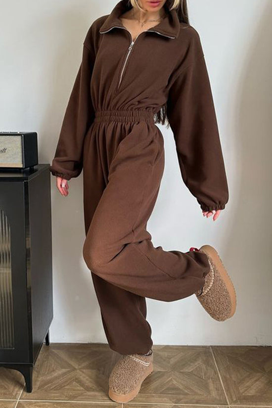 Cozy Zip-Up Jumpsuit with Elastic Waist