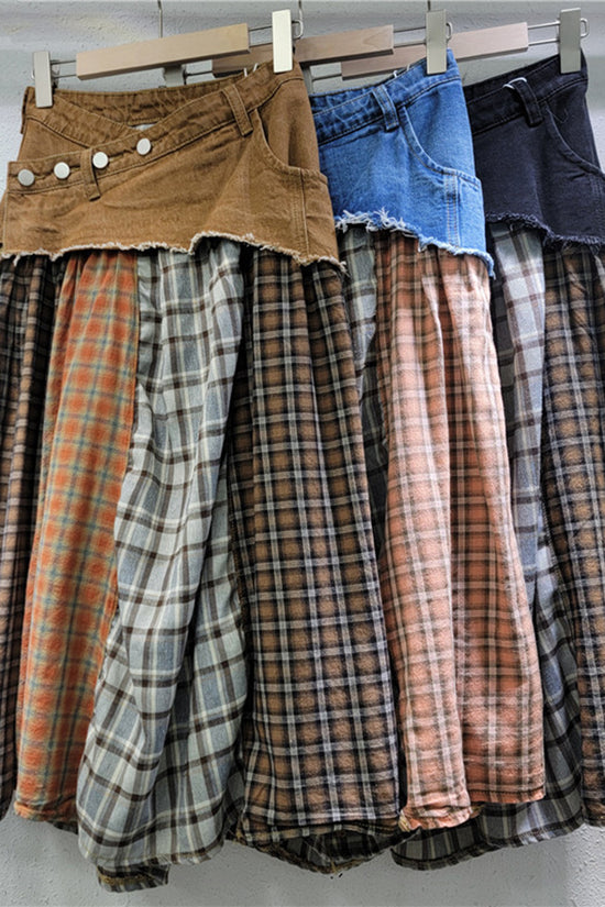 Plaid Patchwork Asymmetrical Midi Skirt